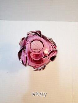 William Glasner Pink Cranberry Leaf Art Glass Vase Signed Numbered Vintage EUC