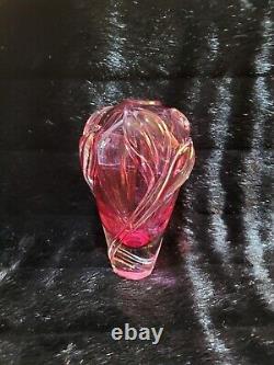 William Glasner Pink Cranberry Leaf Art Glass Vase Signed Numbered Vintage EUC