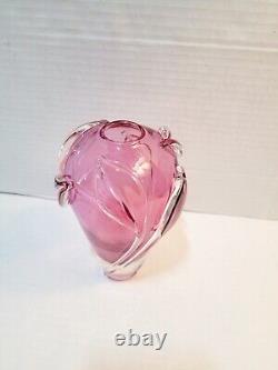 William Glasner Pink Cranberry Leaf Art Glass Vase Signed Numbered Vintage EUC