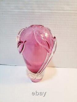 William Glasner Pink Cranberry Leaf Art Glass Vase Signed Numbered Vintage EUC
