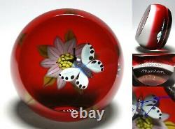 William Manson Snr. Spotted Butterfly & Pink Flower Upright Faceted Paperweight