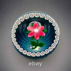 William Manson lampwork glass paperweight with Pink Flower on blue WM80 Cane
