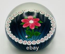 William Manson lampwork glass paperweight with Pink Flower on blue WM80 Cane