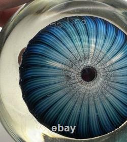 William Manson lampwork glass paperweight with Pink Flower on blue WM80 Cane