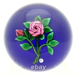 Wonderful RAY BANFORD Pink ROSE over Blue Ground and BUDS Art Glass PAPERWEIGHT