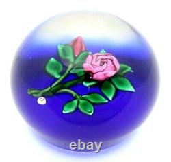 Wonderful RAY BANFORD Pink ROSE over Blue Ground and BUDS Art Glass PAPERWEIGHT