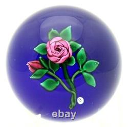 Wonderful RAY BANFORD Pink ROSE over Blue Ground and BUDS Art Glass PAPERWEIGHT