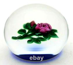 Wonderful RAY BANFORD Pink ROSE over Blue Ground and BUDS Art Glass PAPERWEIGHT