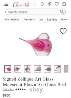 Zellique Studio Art Glass Bird Figurine Clear & Pink Iridescent 3 Tall 5 Long