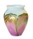 Zellique Studio Art Glass Pink, Gold & White Pulled Feather Vase
