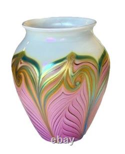 Zellique Studio Art Glass Pink, Gold & White Pulled Feather Vase